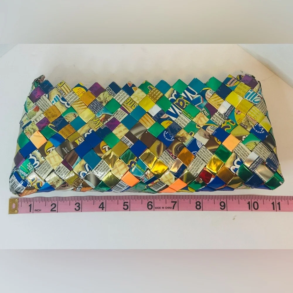 Vintage Handmade Candy Wrapper Clutch Bag Multicolor With Yellow Zipper
